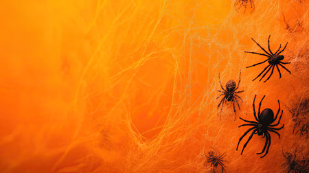 Orange Halloween background with creepy spiders and cobwebs. Copy space on the sideの素材