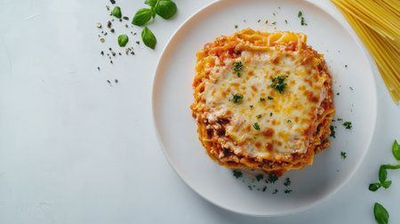 Top view of a delicious lasagna al forno served on a white plate, surrounded by pasta. Ample copy space on a neutral background.の素材