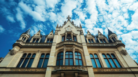 European city hall building with traditional architecture, no people. Ample room for text in the sky above.の素材