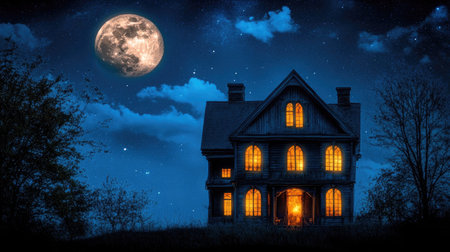 Haunted house silhouette with glowing windows and a full moon. Copy space available.の素材
