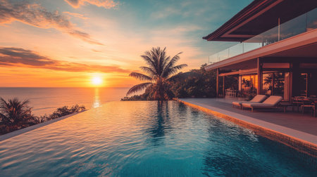 Elegant villa by the beach with a private pool and sunset view, no people. Ample room for text in the foregroundの素材