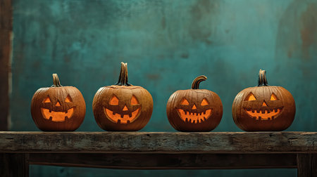Three Jack O' Lantern pumpkins carved with unique faces on a wooden table, copy space available for Halloween text.の素材