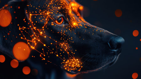 Dog face enhanced with abstract orange cyber technology, close-up with open space for copy.の素材