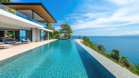 Modern beach villa with a sparkling pool and breathtaking sea view, no people. Copy space available.の素材