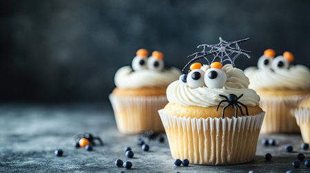 Halloween-themed cupcakes decorated with spider webs and candy eyes. Copy space in the background.の素材