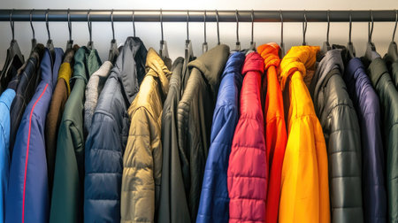 Closet full of neatly hung jackets and shirts, no people, with clear copy space availableの素材