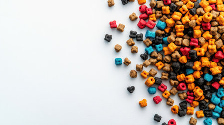 Colorful dog toys mixed with dry dog food, viewed from above on a plain white surface, leaving space for branding or textの素材