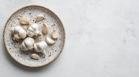 Garlic bulbs and peeled cloves on a plate, top view with a minimalist white background and plenty of copy space availableの素材