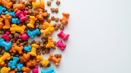 Colorful dog toys mixed with dry dog food, viewed from above on a plain white surface, leaving space for branding or textの素材