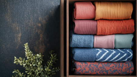 Folded clothes in a minimalist drawer setup, top view, no people, room for copy spaceの素材