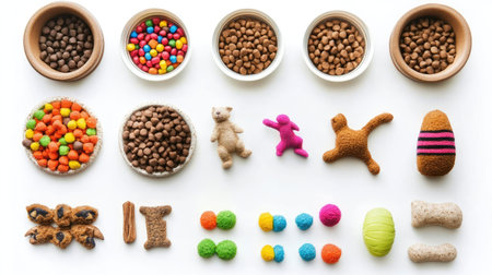 Dog food and assorted toys arranged neatly on a white background, top view with ample copy space availableの素材