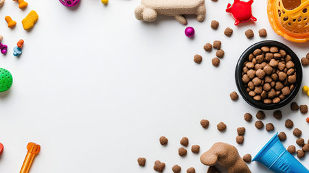 Dog food and assorted toys arranged neatly on a white background, top view with ample copy space availableの素材