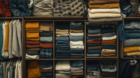 Neatly arranged clothes in drawers, top view with visible space for copy, no peopleの素材