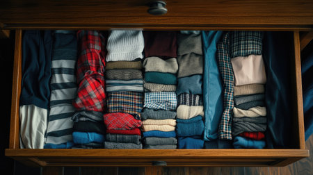 Drawer filled with neatly folded casual clothing, underwear, and socks, no people, room for textの素材