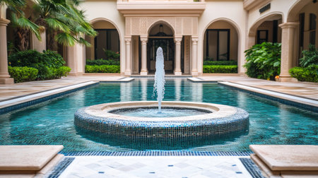Luxurious pool with a fountain in the center, surrounded by tiles. No people, copy spaceの素材
