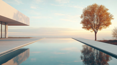 Rectangular outdoor pool with reflections of trees, calm scene, no people, space for copyの素材