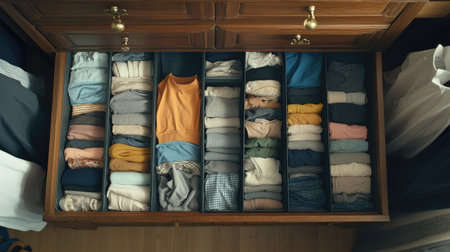 Neatly arranged clothing in open drawers, top view, underwear and t-shirts visible, no people, copy spaceの素材