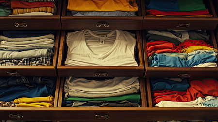 Neatly arranged clothing in open drawers, top view, underwear and t-shirts visible, no people, copy spaceの素材