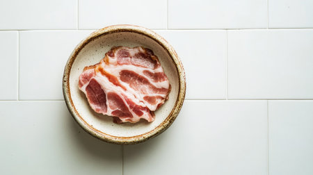 Fresh raw bacon in a bowl, seen from above on a clean white tile table, leaving ample room for copy space or design elementsの素材