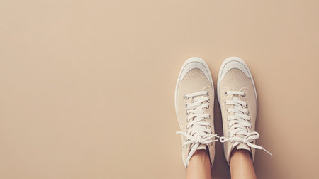 Feet wearing athletic sneakers, seen from above on a neutral background with open space for copy or designの素材