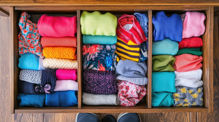 Organized drawer with clothing items, top view, socks, and shorts visible. No people, ample copy spaceの素材