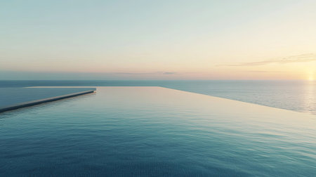 Infinity pool overlooking the ocean at sunset, calm water with no people, perfect for copy spaceの素材