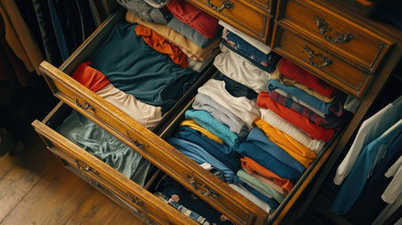 Neatly arranged clothing in open drawers, top view, underwear and t-shirts visible, no people, copy spaceの素材