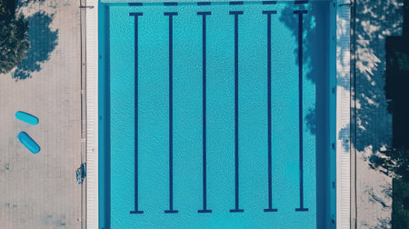 Top view of an Olympic-size swimming pool, perfectly still water, no people, wide copy spaceの素材