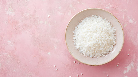 Plate of fluffy white rice viewed from above on a minimalist background, leaving copy space for designの素材