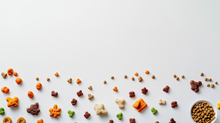 Dog food and playful toys laid out on a clean white surface, captured from above with plenty of copy space aroundの素材