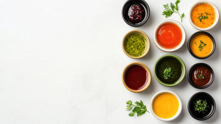 Selection of colorful dipping sauces, arranged in small bowls, top view with copy space for text or designの素材