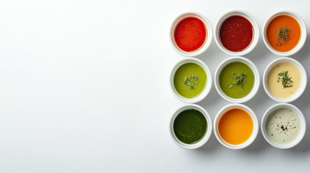 Selection of colorful dipping sauces, arranged in small bowls, top view with copy space for text or designの素材
