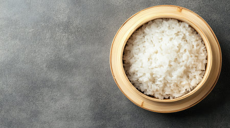 Rice in a bamboo steamer, viewed from above with room for copy space on a simple surfaceの素材