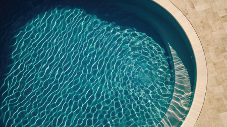 Top view of a sparkling swimming pool with ripples in the water. No people, copy spaceの素材