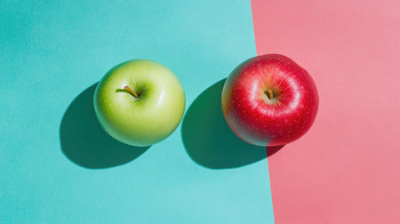 Top view of a red and green apple side by side on a minimal background, with space for copy or brandingの素材