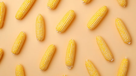 Top view of corn cobs neatly arranged on a light, clean background with ample space for text or designの素材