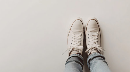 Top view of feet in stylish sneakers standing on a clean white surface, with ample copy space around for text or designの素材