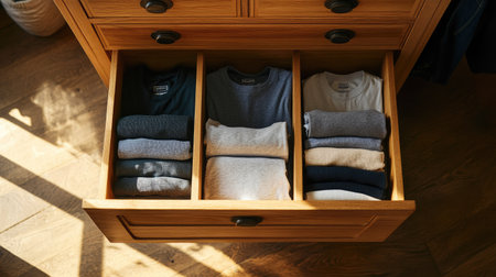 Top view of wooden drawers with t-shirts, socks, and underwear neatly folded. No people, copy spaceの素材