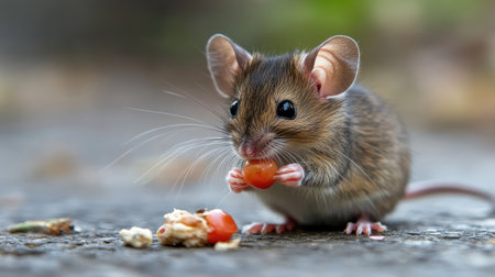 A cute mouse nibbling on a small piece of food, with ample copy space in the background for text or branding.の素材