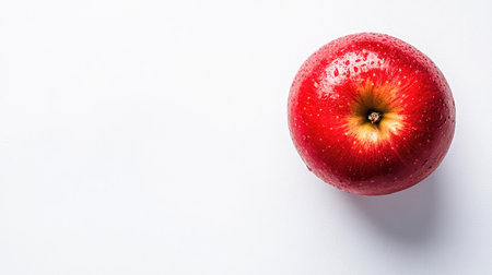 Top view of a fresh red apple placed on a clean white background, with ample copy space for text or designの素材