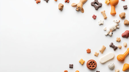 Top view of different types of dog toys and food scattered on a white background, leaving room for text or brandingの素材