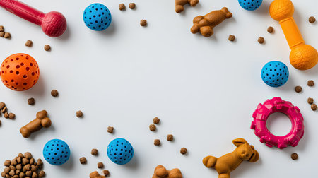 Various dog toys alongside kibble on a smooth white background, captured from above with space available for textの素材