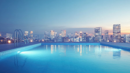 Rooftop swimming pool with a panoramic city view, calm water, no people, space for textの素材