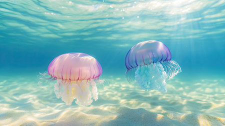 A tranquil underwater view of two colorful jellyfish floating in the ocean, soft glow, and open space for text or graphics.の素材
