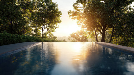 Rectangular outdoor pool with reflections of trees, calm scene, no people, space for copyの素材