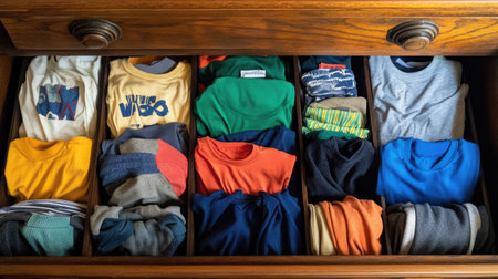 Top view of t-shirts, socks, and shorts in a well-organized drawer, no people, plenty of copy spaceの素材