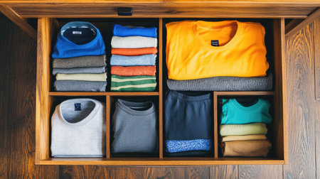 Top view of a wardrobe drawer containing folded socks, t-shirts, and shorts. No people, space for copyの素材