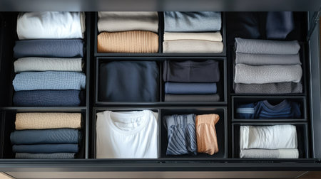 Top view of organized drawers with folded underwear, t-shirts, socks, and shorts. No people, copy spaceの素材