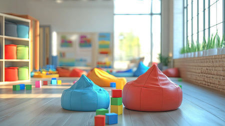 A spacious 3D-rendered school playroom with bean bags and building blocks, no people, clear copy space on the floor.の素材