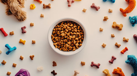 Top view of a dog bowl filled with food surrounded by various toys, placed on a clean white background with copy spaceの素材